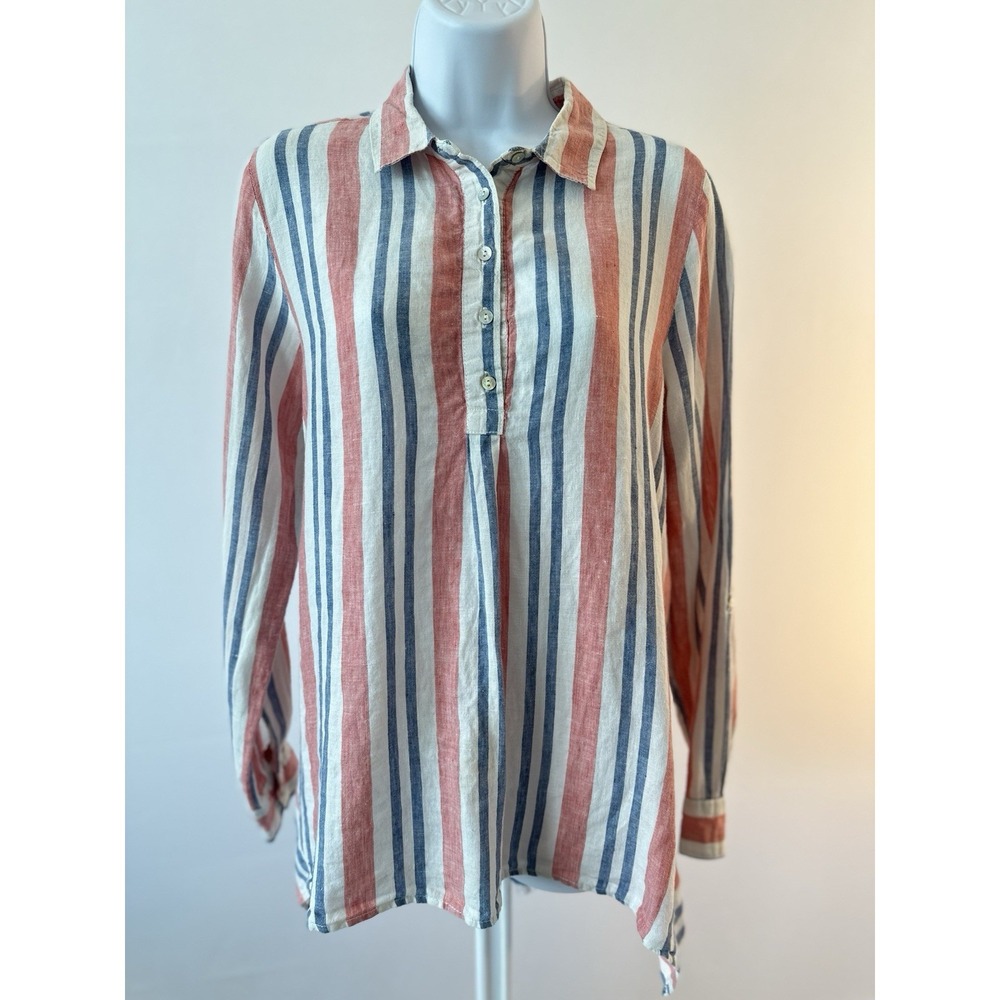Artisan NY Top Women's Sz: M Ivory Stripe Linen Long Sleeve Boho Shirt (b2A)
